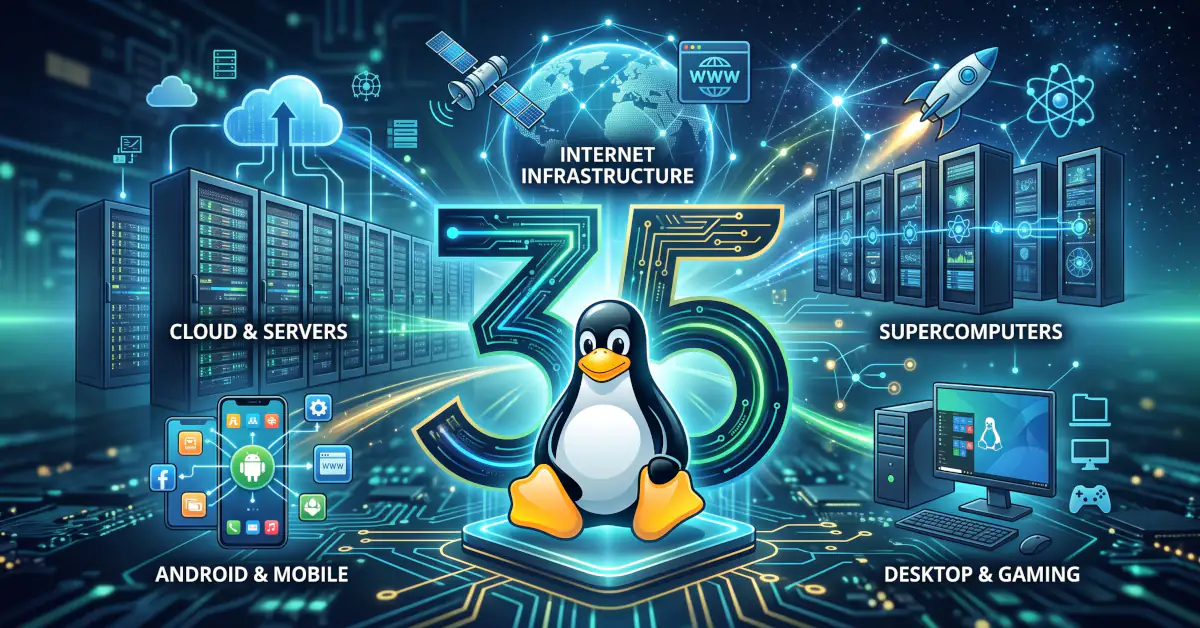 35 godina Linuxa: Kako je studentski hobi promenio tehnologiju i šta znači za korisnike kod nas 1 Linux pingvin Tuks pored velikog broja 35 okružen serverima, pametnim telefonima i računarima