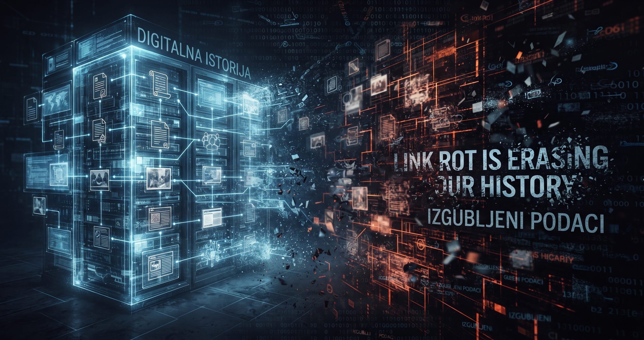 Fenomen propadanja linkova: Zašto internet gubi svoju istoriju 1 Digitalna kockasta struktura sa oznakom "DIGITALNA ISTORIJA" raspada se i pretvara u haos podataka na desnoj strani gde piše "IZGUBLJENI PODACI", dok u sredini stoji upozorenje "LINK ROT IS ERASING OUR HISTORY".