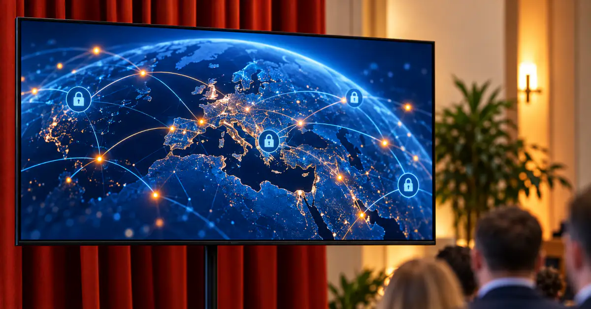Cybersecurity Alliance pokrenuta u Beogradu: Microsoft, Cisco i IBM među članovima 1 Digitalna mapa sveta sa bezbednosnim ikonama na ekranu tokom događaja o sajber bezbednosti.