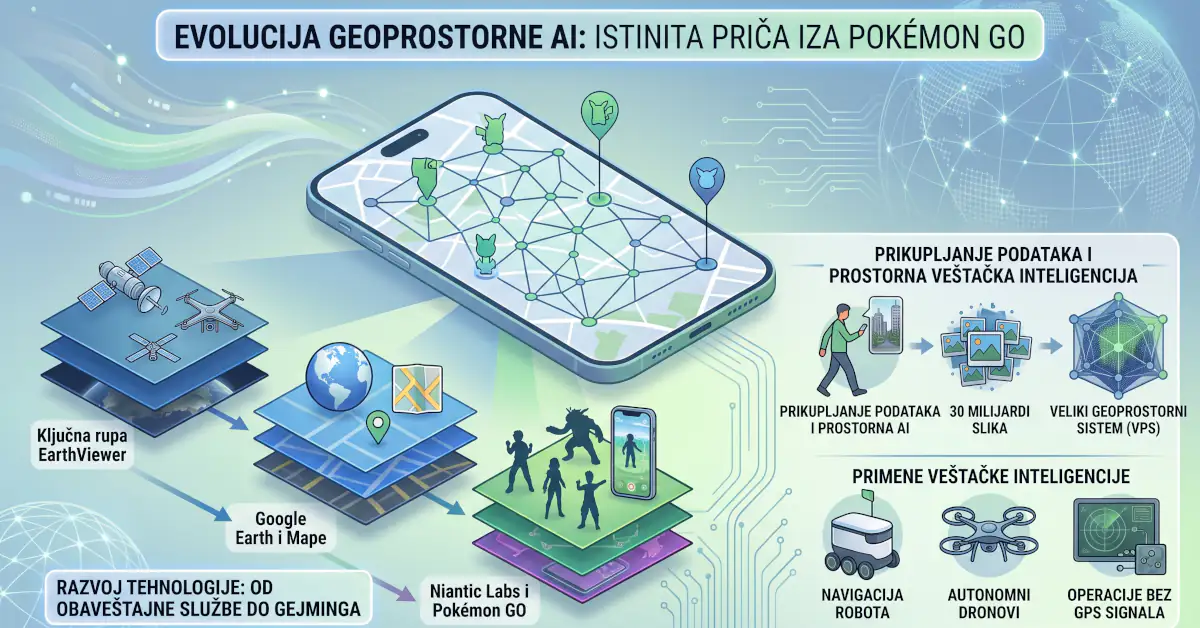 Infografik koji prikazuje razvoj tehnologije od Keyholea i Google Eartha do igre Pokémon GO i prostorne veštačke inteligencije.