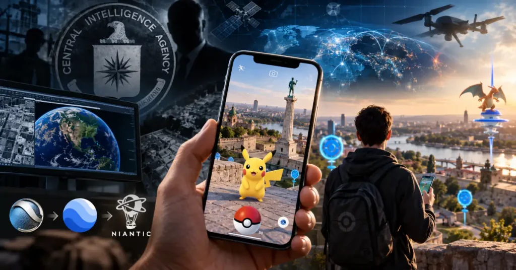 Da li je CIA napravila Pokémon GO? Istinita priča o Keyholeu, Google Earthu, Nianticu i geoprostornim podacima 5 Pokémon GO na telefonu uz prikaz CIA, geoprostornih mapa, satelita i tehnologije Niantic