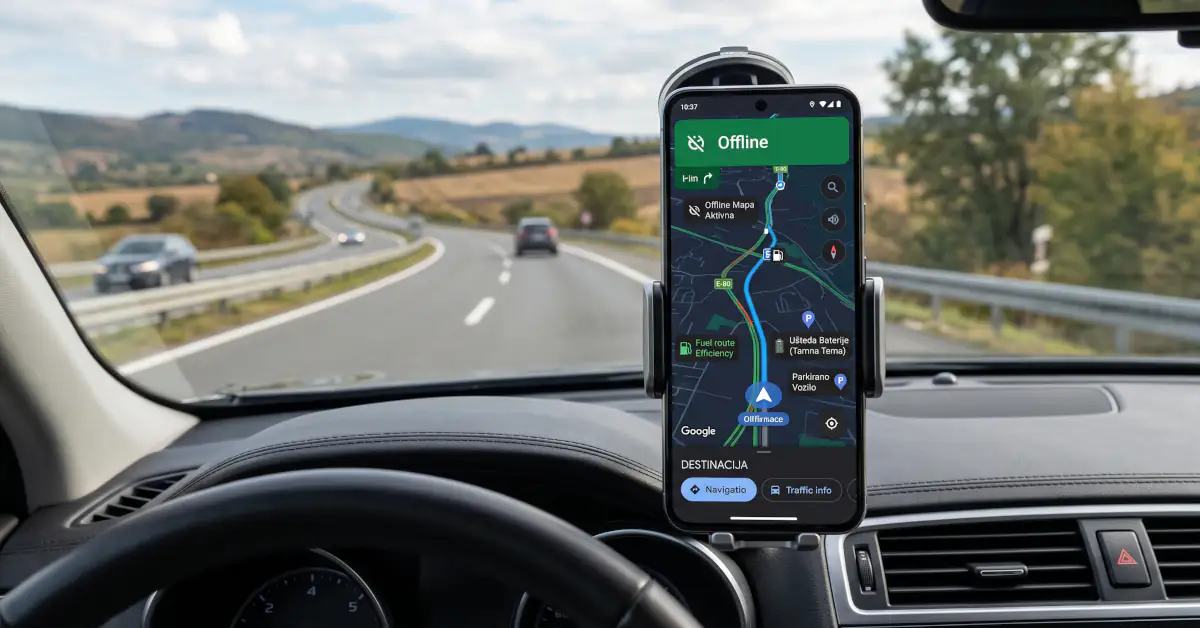 Google Maps trikovi: Štednja baterije, interneta i vremena 1 Pametni telefon montiran na kontrolnu tablu automobila koji prikazuje Google Maps navigaciju sa jasnim natpisom „Offline“ i rutom, dok automobil vozi autoputem sa pejzažom brda u pozadini.
