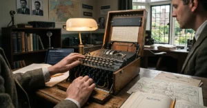 Ruke istraživača na autentičnoj Enigma mašini dok digitalni tablet u pozadini prikazuje AI analizu i dešifrovanje istorijske poruke.