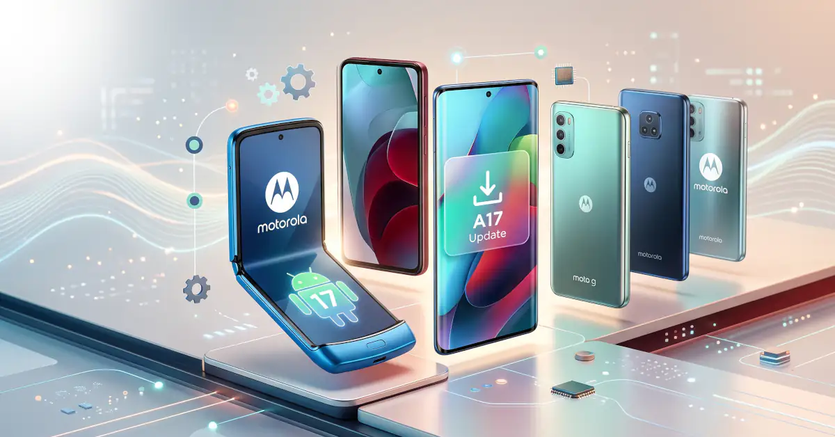 Android 17 na Motorola telefonima: detaljna lista modela koji dobijaju ažuriranje 1 Prikaz Motorola Razr, Edge i Moto G telefona sa Android 17 logotipom na futurističkoj podlozi