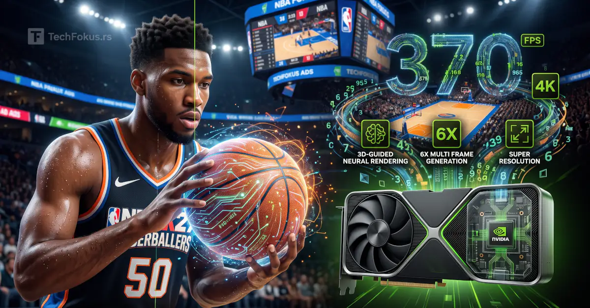 NVIDIA DLSS 5 tehnologija i GeForce RTX grafička karta uz prikaz NBA 2K27 scene i 370 FPS u 4K