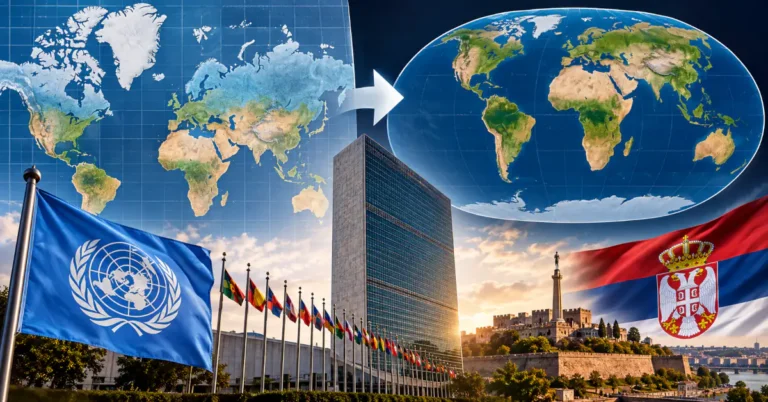 Prava mapa sveta sa poređenjem Merkatorove i Equal Earth projekcije, zgradom Ujedinjenih nacija i zastavom Srbije