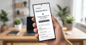 Korisnik drži Samsung Galaxy S26 telefon sa otvorenim ekranom za ažuriranje softvera na One UI 9.