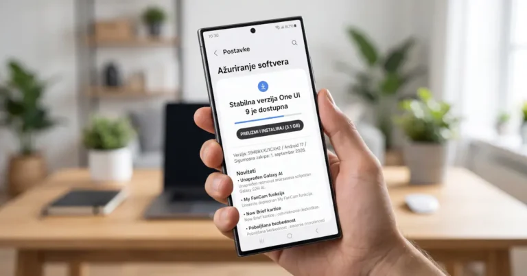 Korisnik drži Samsung Galaxy S26 telefon sa otvorenim ekranom za ažuriranje softvera na One UI 9.