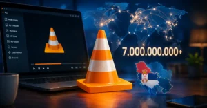 VLC plejer sa prepoznatljivim narandžastim čunjem, mapom sveta i oznakom više od sedam milijardi preuzimanja