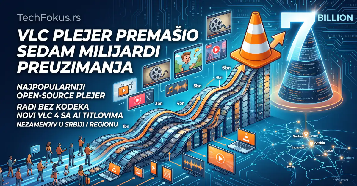 VLC plejer premašio sedam milijardi preuzimanja: Zašto je i dalje važan korisnicima u Srbiji i regionu 1 Prepoznatljiva narandžasta VLC ikonica sa brojem sedam na futurističkoj digitalnoj traci koja simbolizuje sedam milijardi preuzimanja.