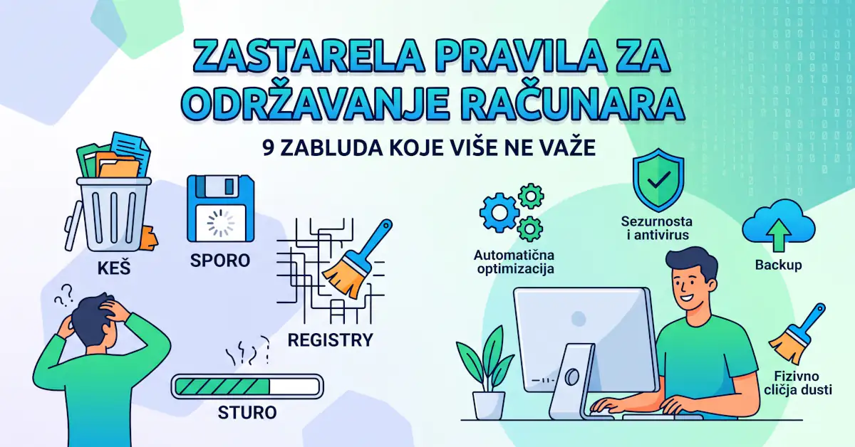 Pravila za održavanje računara koja više ne važe: zablude koje mogu usporiti rad 1 Ilustracija koja prikazuje zastarela i moderna pravila za održavanje računara, defragmentaciju i sistemsku optimizaciju
