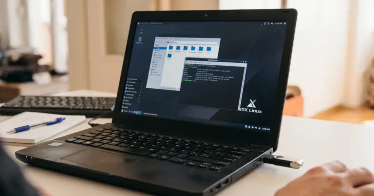 Crni laptop na radnom stolu sa pokrenutim MX Linux operativnim sistemom i priključenom instalacionom USB memorijom.